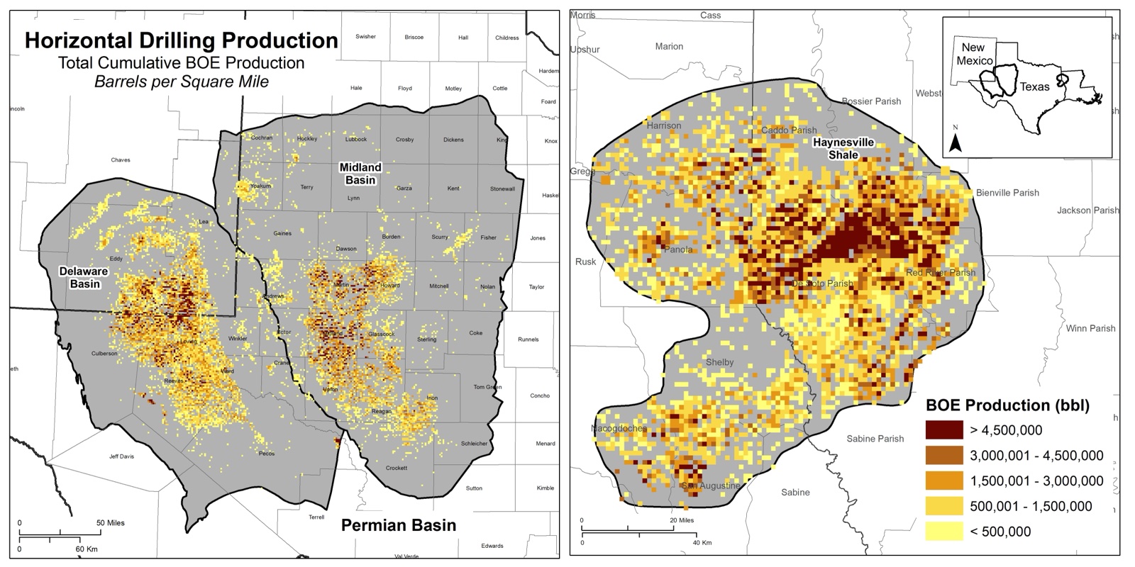Total cumulative production in barrels of oil equivalent per square mile for the Permian Basin and Haynesville Shale