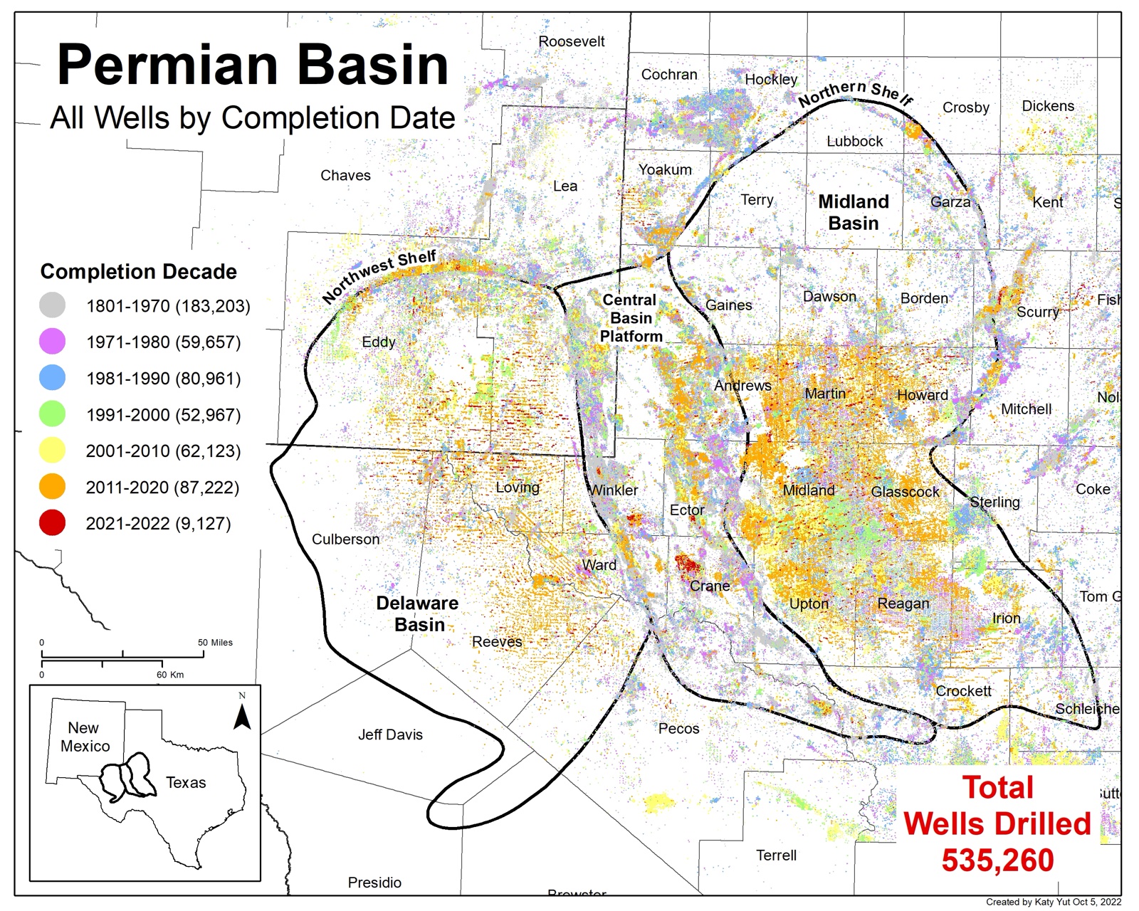 All 535,260 wells drilled in the Permian Basin region, colored by decade completed