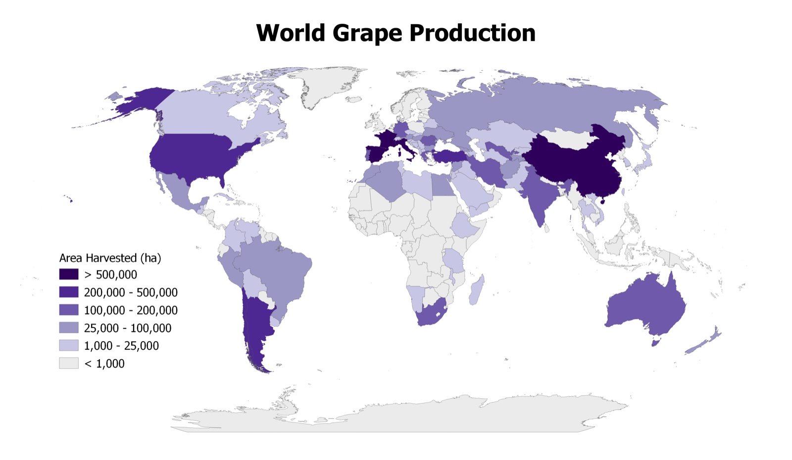 World map of grape area harvested by country