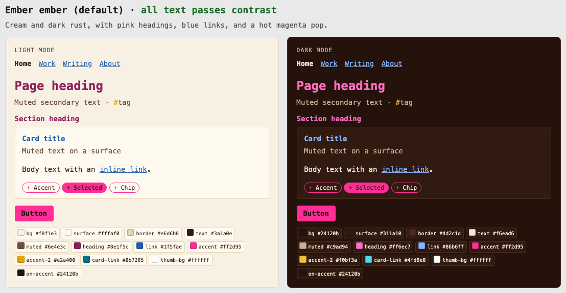 seedpalette's preview page showing the Ember theme in light and dark mode, with every resolved color labeled
