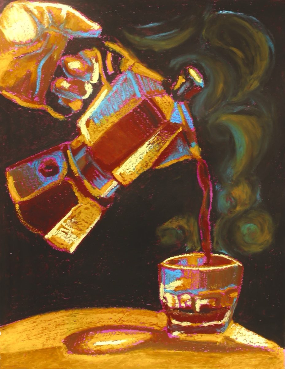 Midnight Pour, a painting of a moka pot: gold pour on black, teal steam, and magenta outlines.