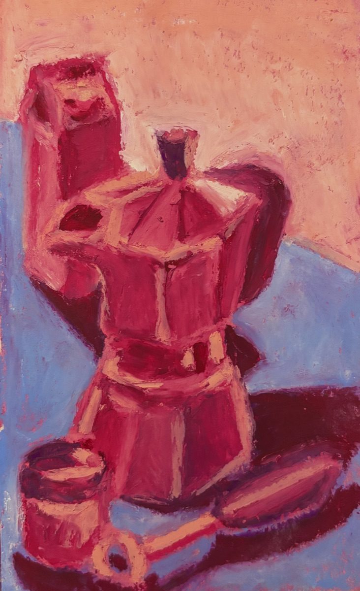 Raspberry, a painting of a moka pot: raspberry and wine on peach, with periwinkle shadows.