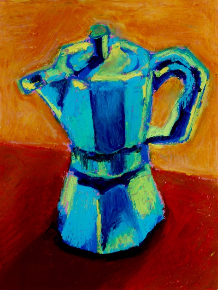 Turquoise, a painting of a moka pot: a turquoise pot against orange and oxblood, with cobalt shadows.